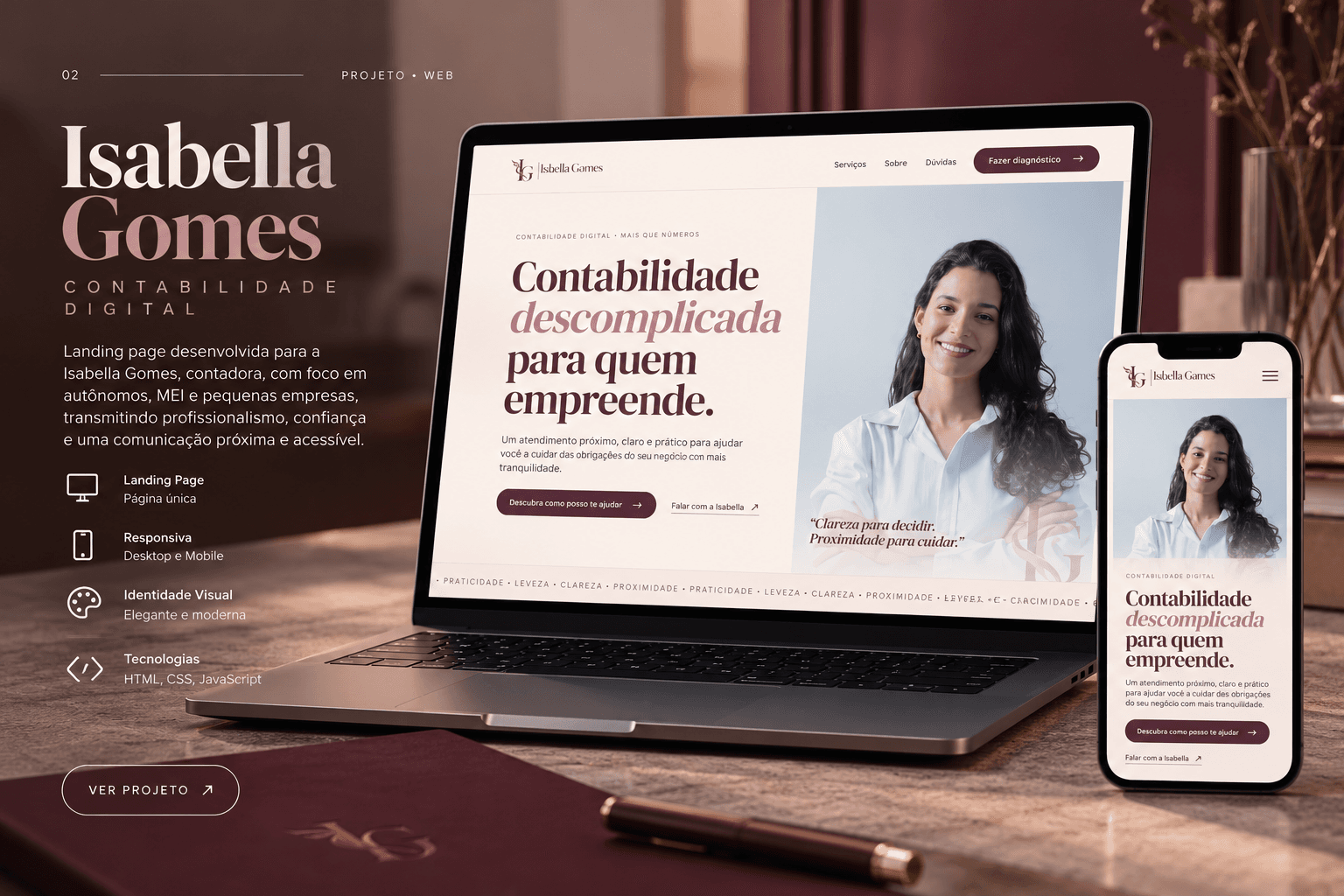 Apresentação da landing page de Isabella Gomes em notebook e celular